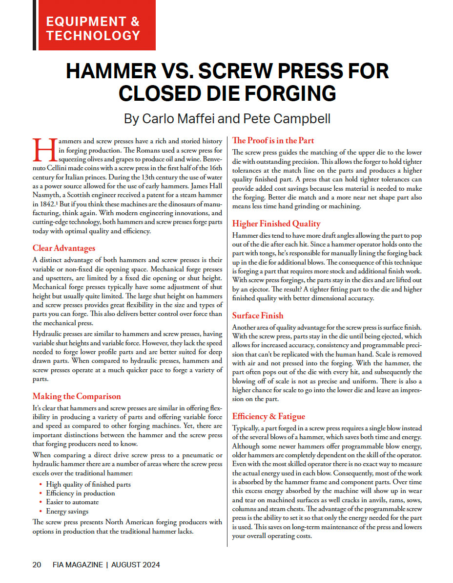 Hammer VS. Screw Press for Closed Die Forging